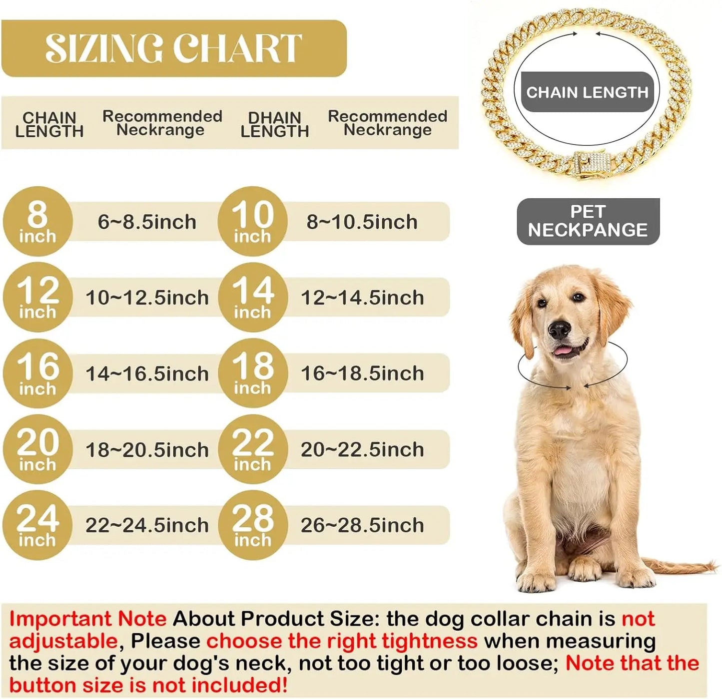 Gold Heavy Duty Metal Cuban Chain Necklace for Dogs & Cats