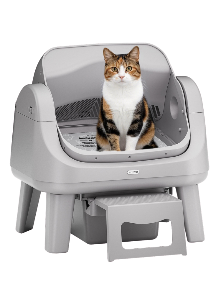 Self-cleaning litter box with cat exiting in modern bathroom