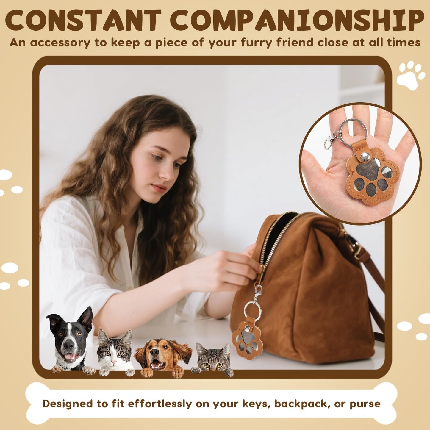 Paw Print Leather Memory Charms – Cute Dog & Cat Hair Collector for Bag, Purse & Keys
