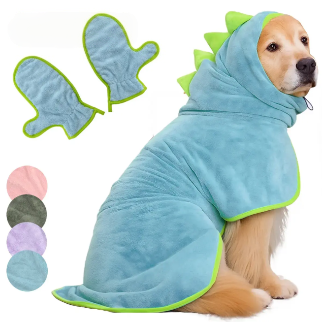 Dinosaur Quick-Dry Dog Bathrobe Pet Towels Set,Robe with Drying Gloves