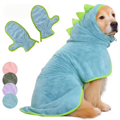 Dinosaur Quick-Dry Dog Bathrobe Pet Towels Set,Robe with Drying Gloves
