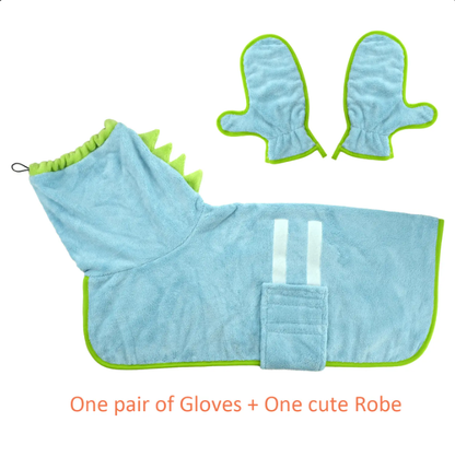 Dinosaur Quick-Dry Dog Bathrobe Pet Towels Set,Robe with Drying Gloves