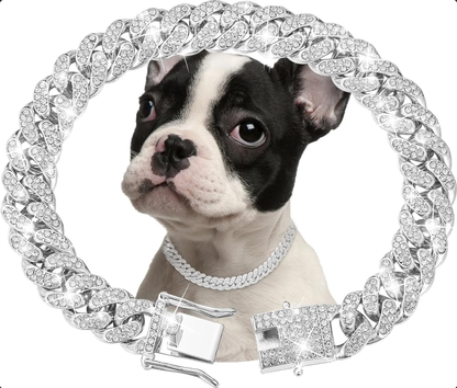 Silver Luxury Bling Diamond Cuban Link Dog Collar