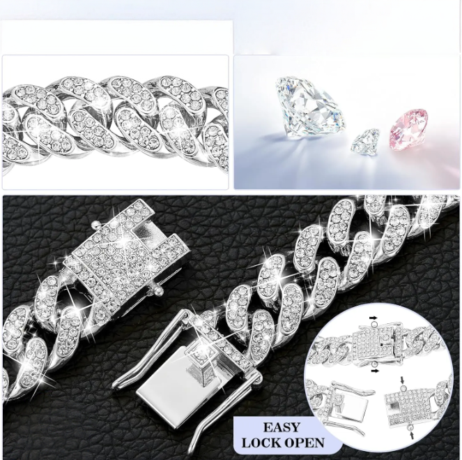Silver Luxury Bling Diamond Cuban Link Dog Collar