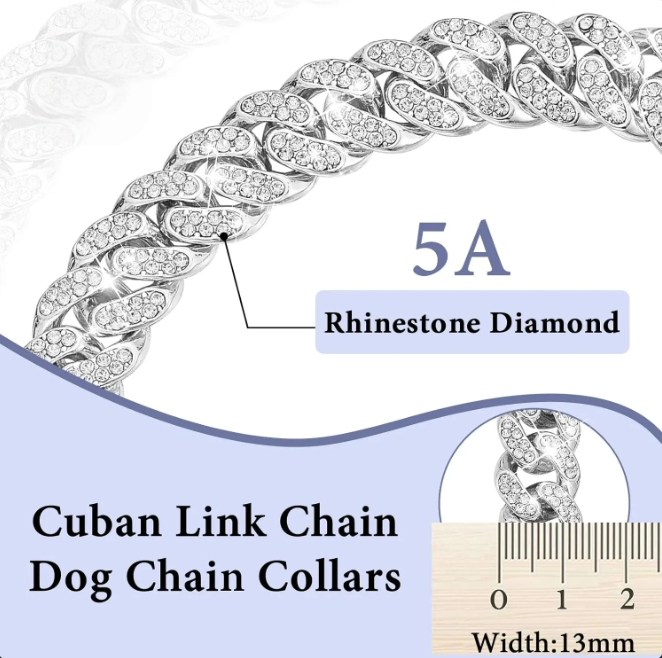 Silver Luxury Bling Diamond Cuban Link Dog Collar