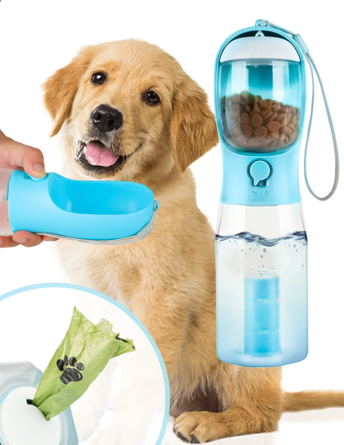 3-in-1 Portable Water Bottle with Integrated Snack Container & Poop Bag Dispenser