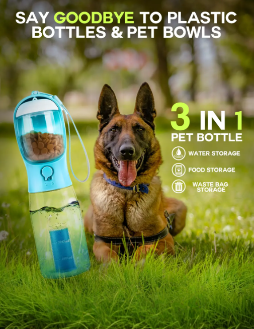 3-in-1 Portable Water Bottle with Integrated Snack Container & Poop Bag Dispenser