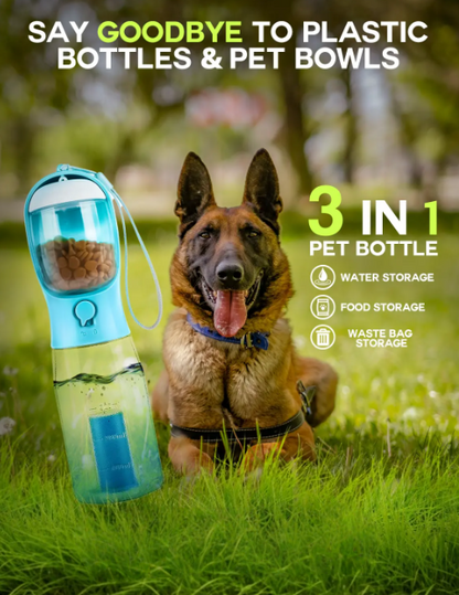 3-in-1 Portable Water Bottle with Integrated Snack Container & Poop Bag Dispenser