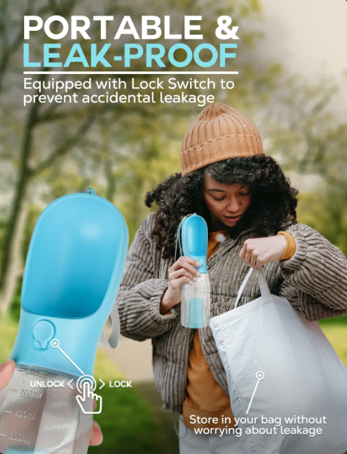 3-in-1 Portable Water Bottle with Integrated Snack Container & Poop Bag Dispenser