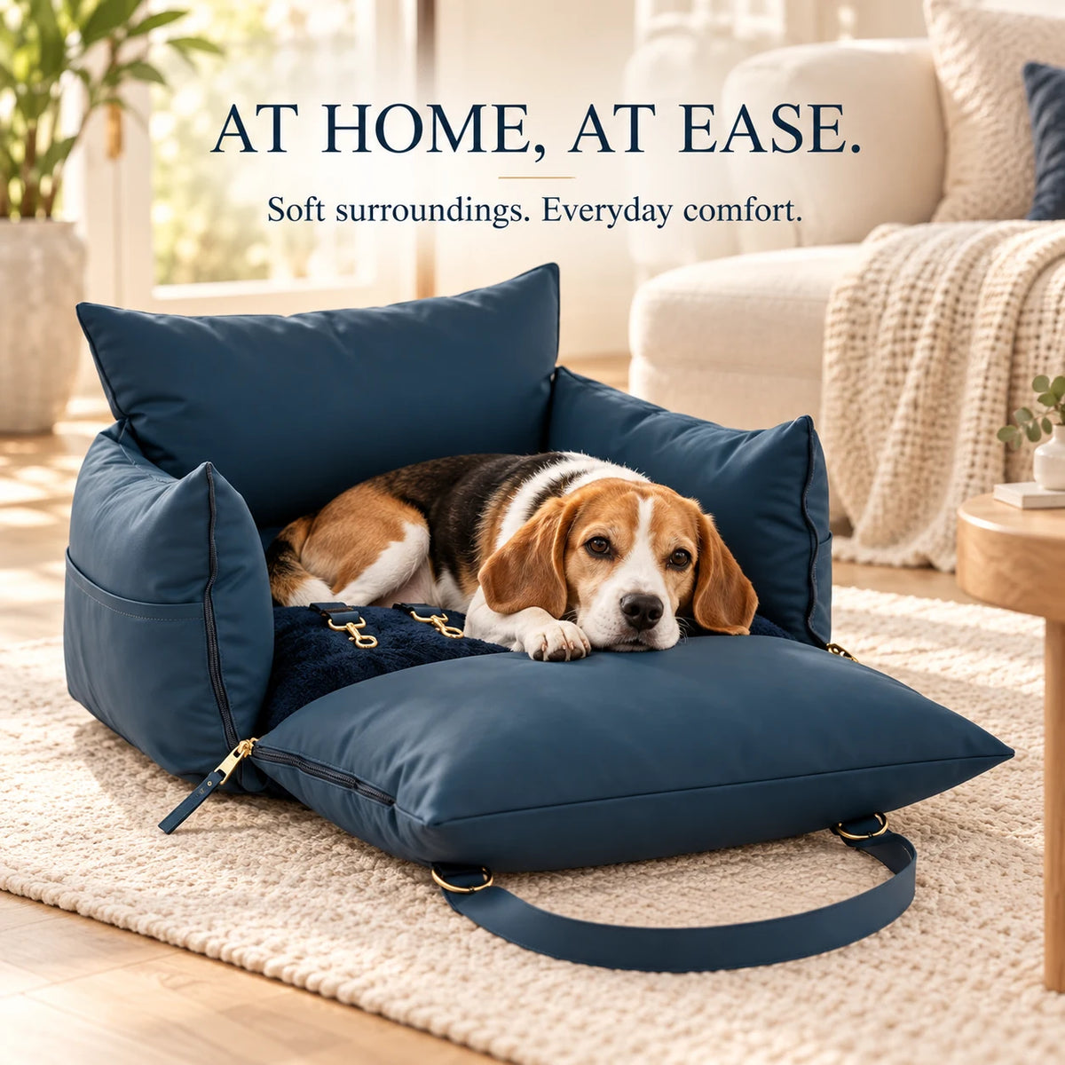 Beagle lying in the unzipped navy petsperro dog car seat bed on a rug in a sunny living room, used as an everyday bed