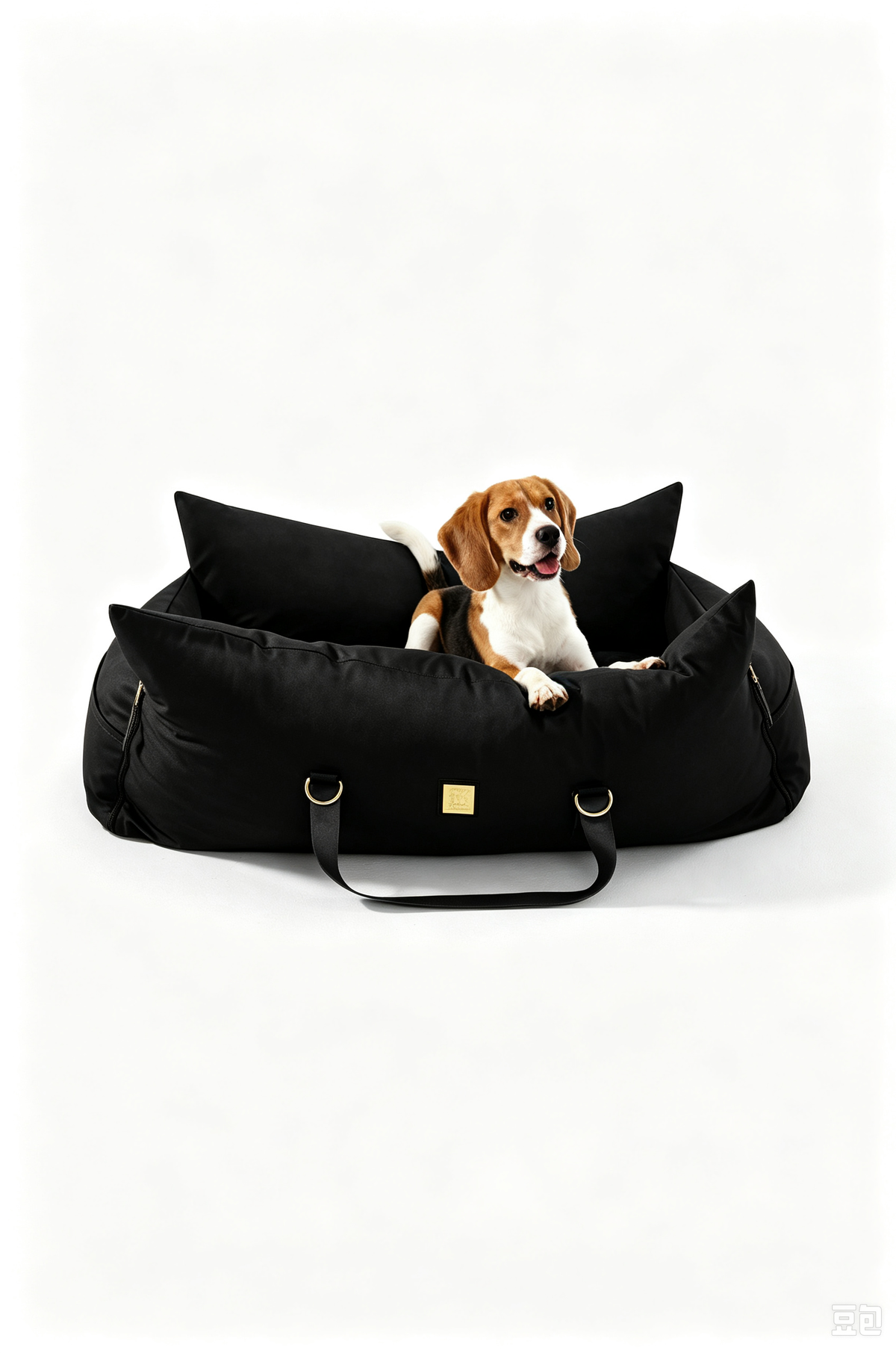 Beagle resting in the black petsperro dog car seat bed with high padded walls and gold nameplate