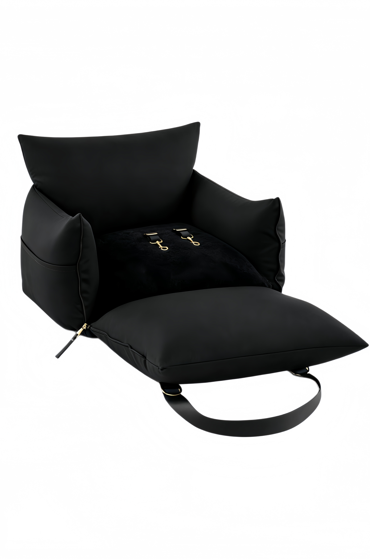 Black dog car seat bed opened flat, showing the plush base, bolsters and harness clips