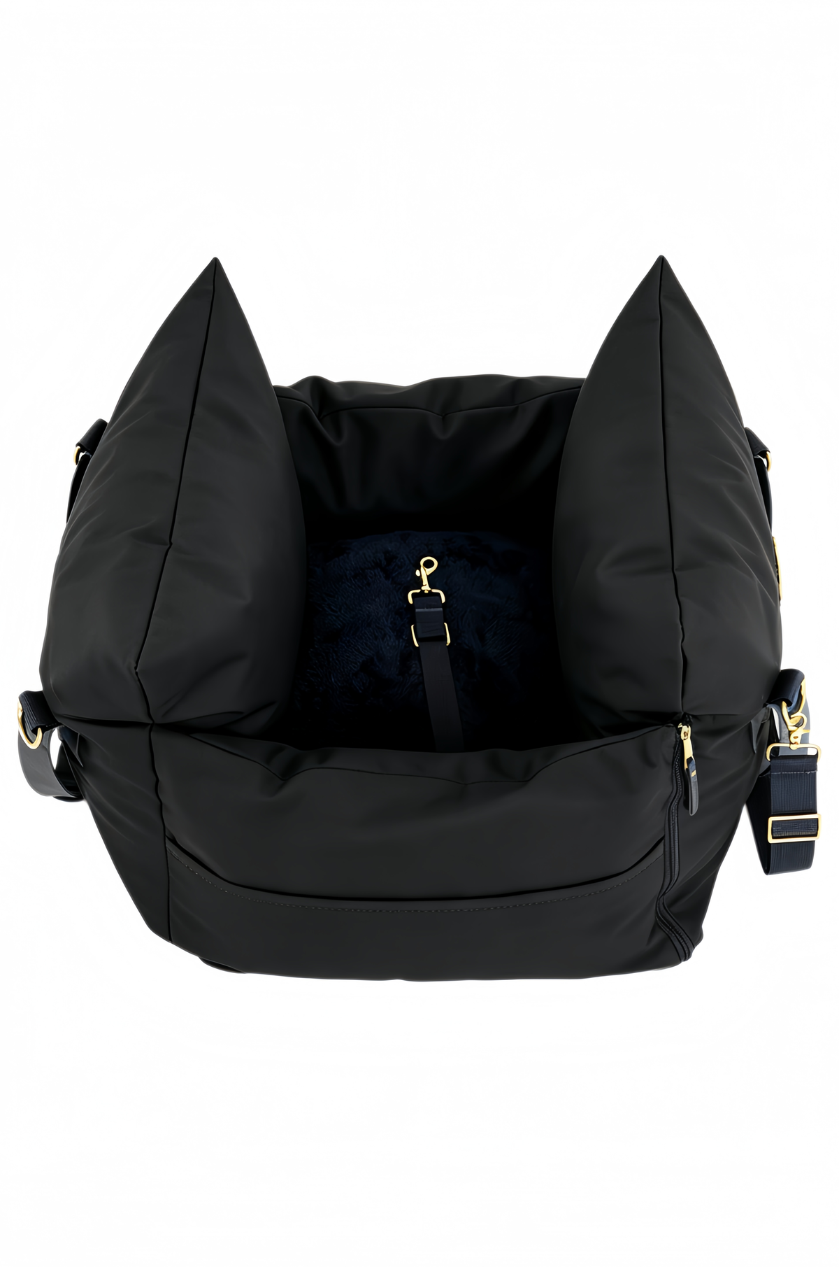 Top view of the black dog car seat with raised side bolsters and inner harness clip