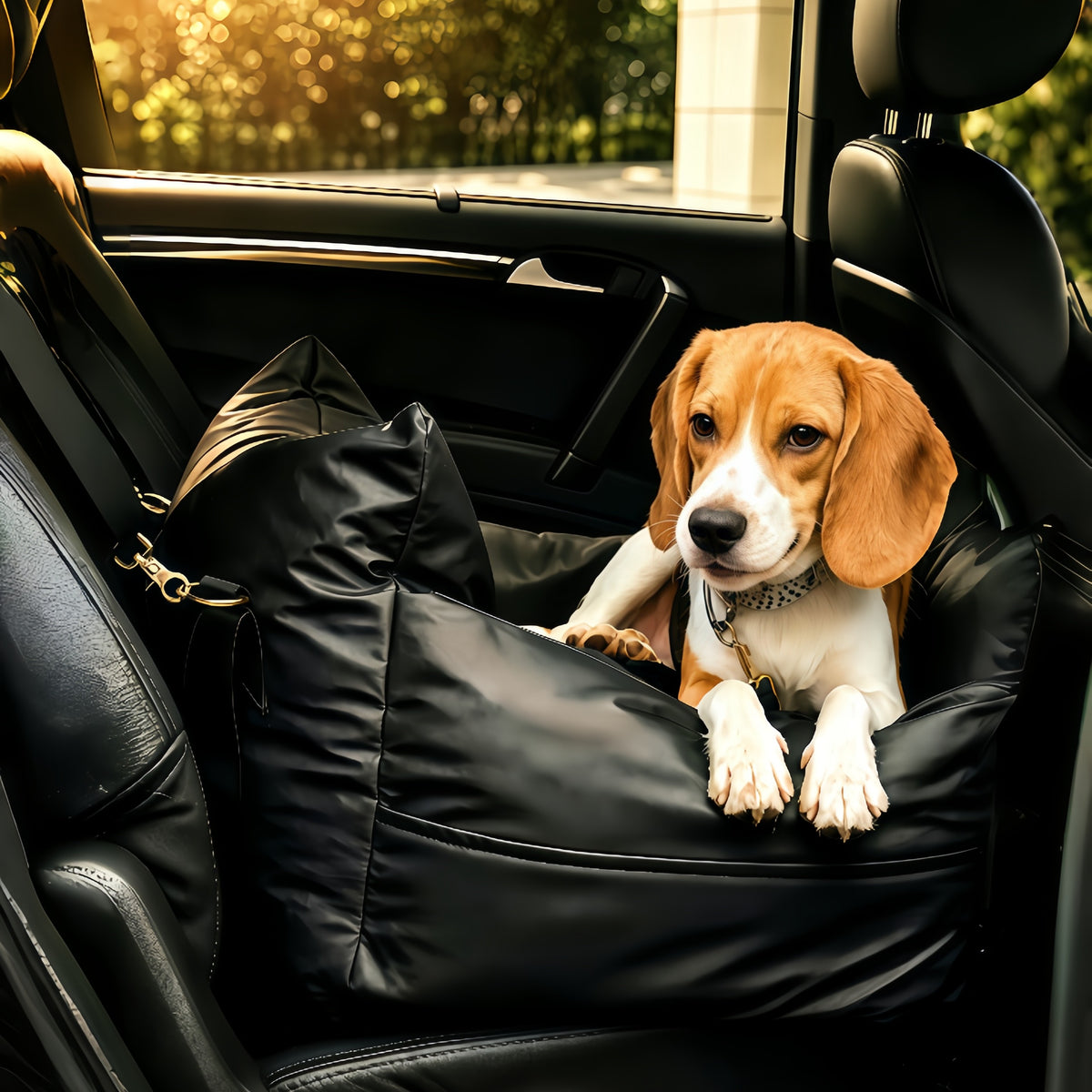 Beagle sitting in the black vegan leather petsperro luxury dog car seat on a car back seat