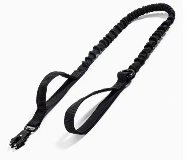 black bungee dog leash with padded handles and metal snap hook