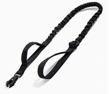 black bungee dog leash with padded handles and metal snap hook