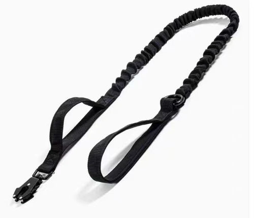 black bungee dog leash with padded handles and metal snap hook