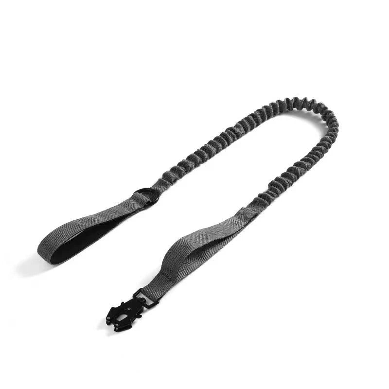 gray bungee dog leash with padded handles and metal snap hook