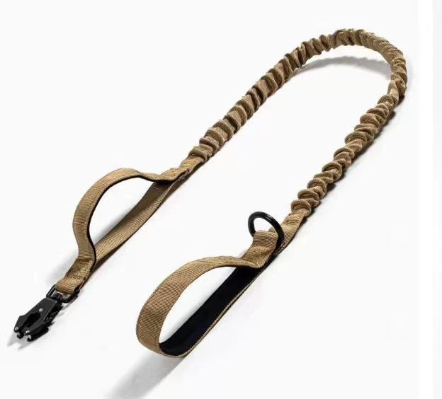 khaki bungee dog leash with padded handles and metal snap hook