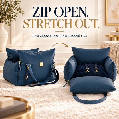 Navy petsperro dog car seat bed with two side zippers undone so the front bolster folds down into an open lounger