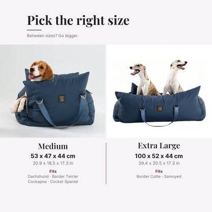 Petsperro dog car seat size guide: Medium for Dachshunds and Cockapoos, Extra Large for Border Collies and Samoyeds