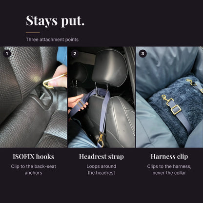 Three attachment points of the Petsperro dog car seat: ISOFIX hooks clipped to the back-seat anchors, headrest strap looped around the headrest, and harness clip on the inner cushion