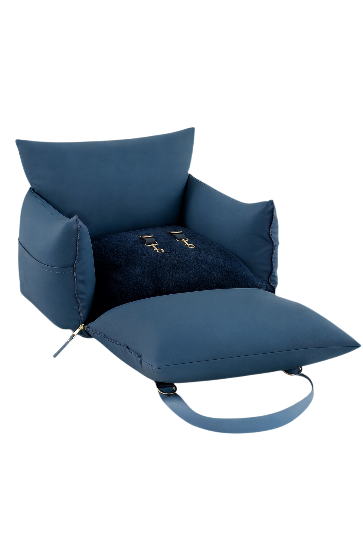 Navy dog car seat bed opened flat, showing the plush base, bolsters and harness clips