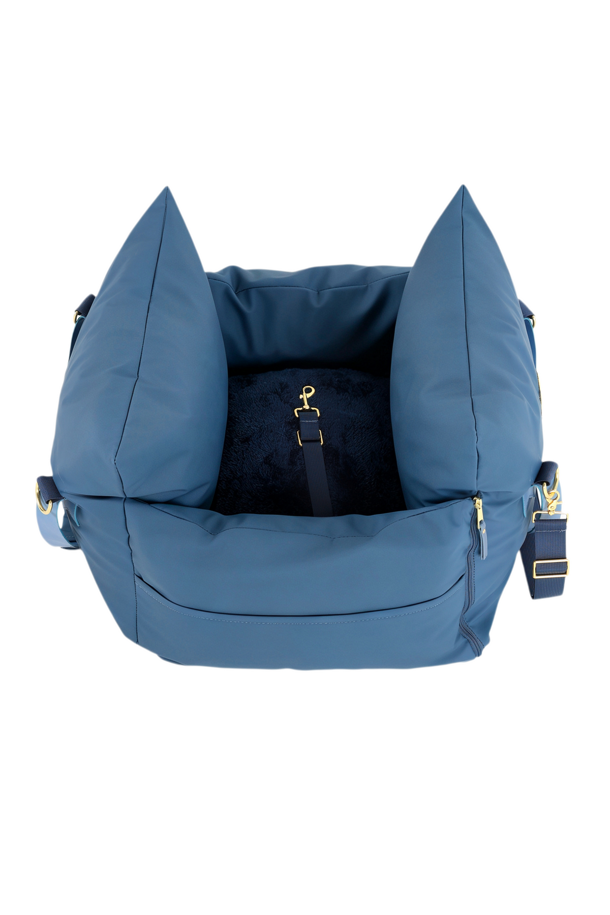 Navy dog car seat bed from above with raised side bolsters, harness clip and straps