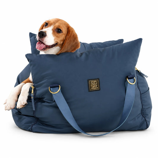 Beagle in the navy petsperro luxury dog car seat on a white background, front view with gold nameplate