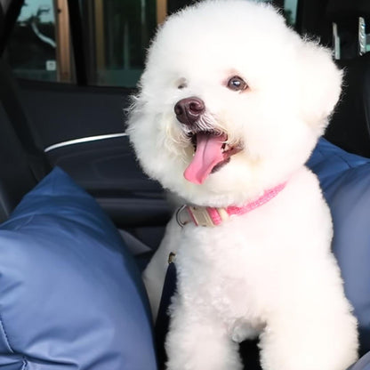 Bichon Frise sitting in the navy vegan leather petsperro luxury dog car seat on a car back seat