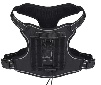 black tactical dog harness with reflective trim and hook-and-loop back panel