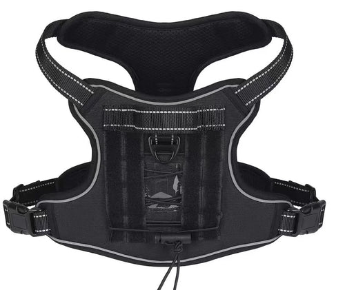 black tactical dog harness with reflective trim and hook-and-loop back panel