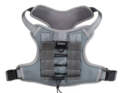 gray tactical dog harness with reflective trim and hook-and-loop back panel