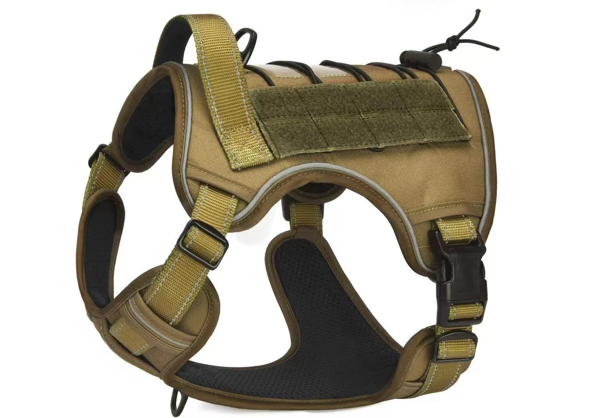 khaki tactical dog harness with reflective trim and hook-and-loop back panel