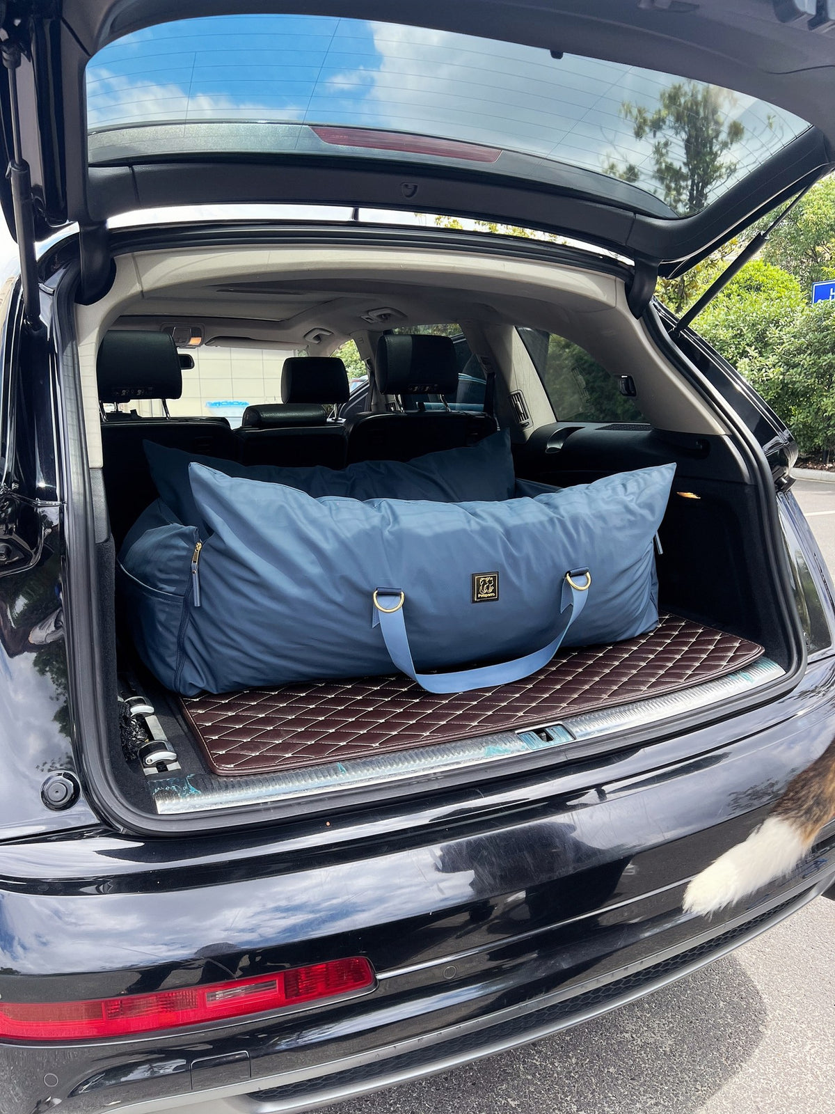 XL navy petsperro dog car seat bed placed in an SUV trunk, sized for large dogs on long road trips